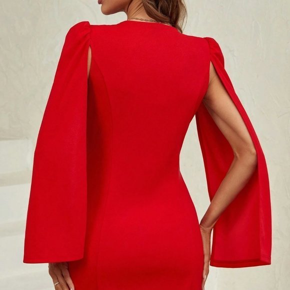 Classy Cloak Sleeve Double Breasted Placket Blazer Mini Dress Red - Picture 3 of 5